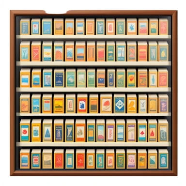 Icon for Matchbox Collecting: a collection of vintage and colorful matchboxes from different places, neatly displayed in a row or in a display case. The icon should reflect the uniqueness and diversity of matchbox collecting. Transparent background. sticker