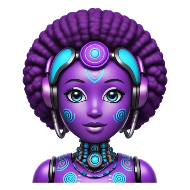 Design a bold, futuristic, and playful AI-powered mascot for Usabi, an African edtech platform teaching AI, digital, and vocational skills. The mascot should be a fun, friendly, and tech-savvy character with a vibrant personality, inspired by Nigerian culture. Think of an Afro-futuristic AI assistant with expressive emoji-like facial features, a sleek robotic or holographic aesthetic, and traditional African design elements (such as Ankara patterns, tribal marks, or bead accessories). The colors should be modern and eye-catching, reflecting tech and learning—blues, purples, and neon accents. The mascot should feel approachable, smart, and slightly mischievous, like a witty AI tutor that engages users with humor. Make sure it looks great as an app icon, social media avatar, and website assistant! sticker