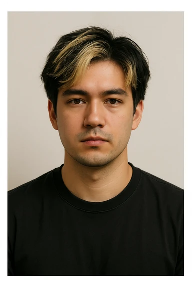 man with black hair and blonde highlights, neutral expression, upper body only, plain background sticker