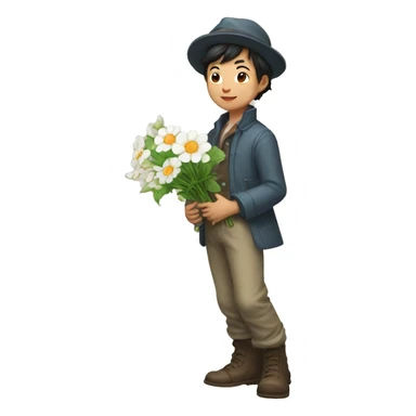 artful dodger white asian boy stands and holds various flowers sticker