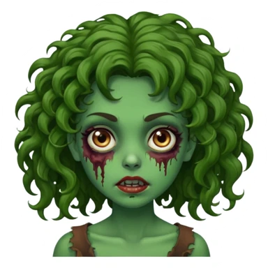 Faça uma garota zombie de cabelo cacheado castanho, olhos castanhos escuro e pele verde d zombie, com o cabelo grande sticker