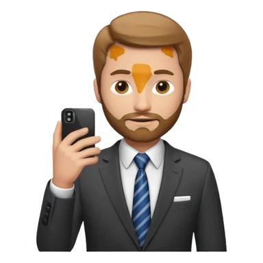 Un hombre con un poco de barba,  de traje con tez clara pelo color castaño, vestido con traje camisa y corbata y celular en mano .  sticker