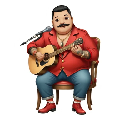 Icon for Chanson: Old fat chanson singer with tattoos and short moustache, red jacket, gold chains and braslettes, sitting on a chair with an acoustic guitar and standing microphone. The atmosphere should reflect a nostalgic, soulful vibe with vintage elements. Transparent background. sticker