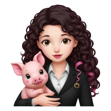 Ragazza bellissima sexy vestita bene capelli lunghi scuri con un piccolo maialino sticker