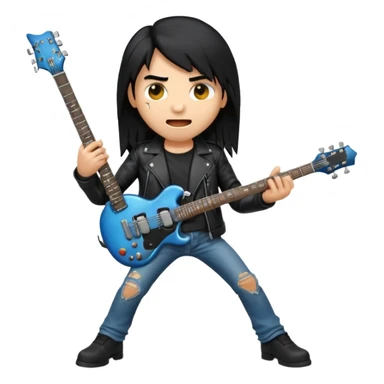 3D Apple-style emoji of a metal musician. Long hair, black leather jacket, ripped jeans, holding an electric guitar. Intense expression, glossy, rounded, smooth, soft shadows, white background.










 sticker