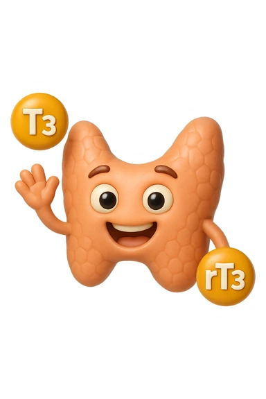 EMOJI STILE IPHONE 3D DI ormoni tiroidei (T3 ed rT3) che fluttuano in aria intorno ad una tiroide felice, iperrealistico 4k sticker