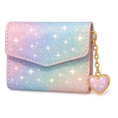 girly sparkling wallet with heart charm, no background, pastel colors, shiny and glittering sticker