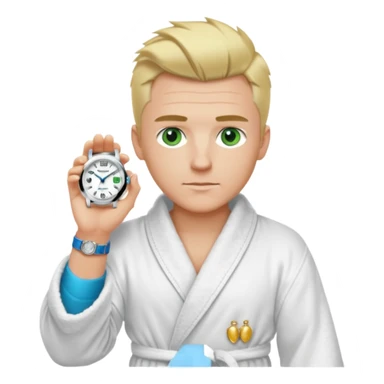 A white man with green eyes, medium-length blond hair in a low mohawk, a blue Cartier watch on his wrist, and a luxurious bathrobe. sticker