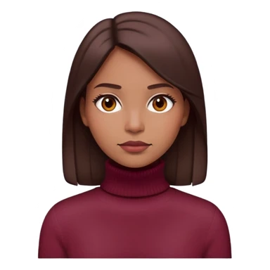 Portrait emoji of a woman with straight dark brown hair, wearing a burgundy turtleneck sweater. Calm expression, natural makeup, minimalistic and modern look." sticker