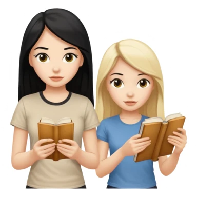 beautiful white girl with black hair in beige t-shirt and beautiful blonde with long hair in beige t-shirt reading beautiful vintage book sticker
