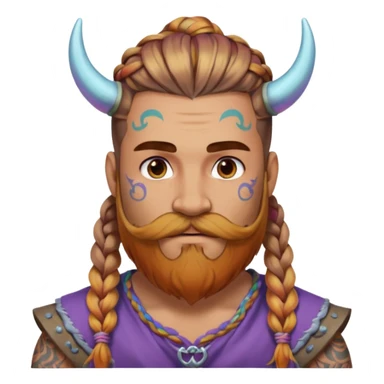 big lose braids starting from the top sides of the head hair like a unicorn man with mustache face wiith big visible loose only two braids and lots and lots of colored face tattoos colored tattoos like a tattoo artist hair unique color and beard viking  sticker