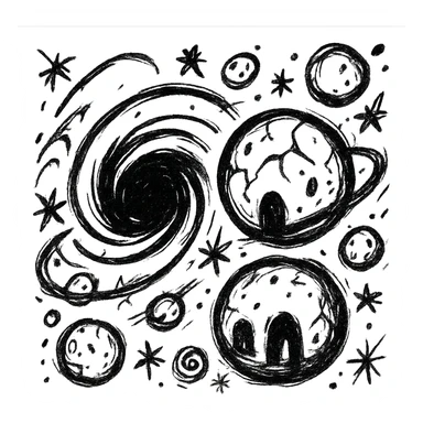 map of dark back ward -“A dark cosmic region orbiting a massive black hole. No sunlight. A dead solar system with twisted planets and moons circling in silence. Monde Noir looms in the foreground — a cracked, obsidian planet with no atmosphere. Its moon, Oblieth, floats nearby, scarred and pitted, with faint green lights glowing from within cave openings. Stars are distorted and streaked by gravitational lensing. The entire scene is heavy, quiet, and surreal.” sticker