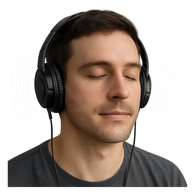 realistic close-up of a person listening to ASMR, subtle sound waves, serene face, high definition, smooth edges sticker