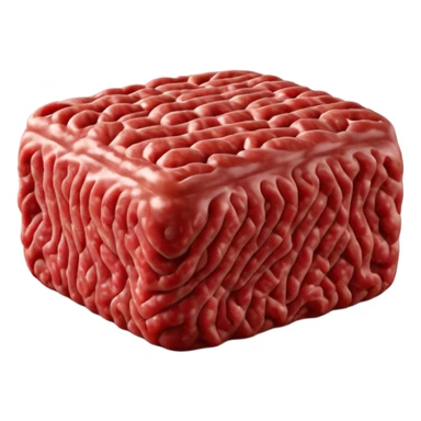 compact portion of raw ground beef, deep red, visible texture, moist, flecks of fat, not uniform, natural look, clean 3D rendering, soft light, subtle shadow, no packaging, no anthropomorphic features, transparent background, emoji scale sticker