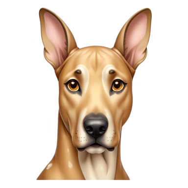 Cinematic Cute Fawn Great Dane Portrait Emoji, Head tilted playfully and inquisitively, showcasing a glossy fawn coat with a subtle luster, round, sparkling amber eyes filled with curiosity, Simplified yet irresistibly adorable features, highly detailed, glowing with a warm, friendly glow, high shine, affectionate and gentle, stylized with a touch of whimsy, bright and endearing, soft glowing outline, capturing the essence of a mischievous yet loving pup, so playful it feels like it could lumber out of the screen and into your arms! sticker