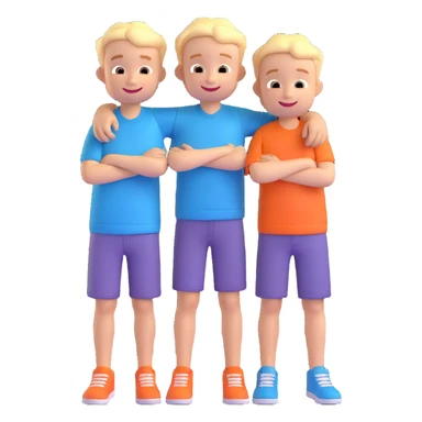 Two cartoon-style boys with similar features, arms around each other's shoulders, smiling, matching outfits, standing close, white background, emoji style sticker