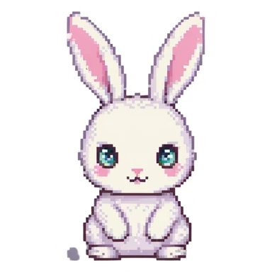 pixel art of a white bunny facing forward, sitting on a grassy field, large eyes, pink nose, round body, soft and gentle look, simple flat colors, only grass as background sticker