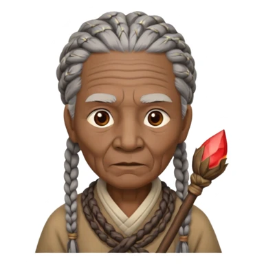 An elderly tribal leader with gray braids, wooden staff, and warm wise eyes.
 sticker