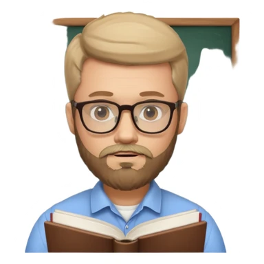 bearded man with glasses studying sticker