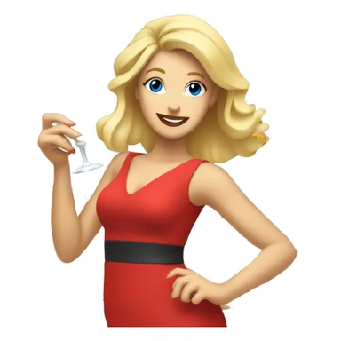 blonde white woman with blue eyes dancing in short red dress while holding pineapple cocktail sticker