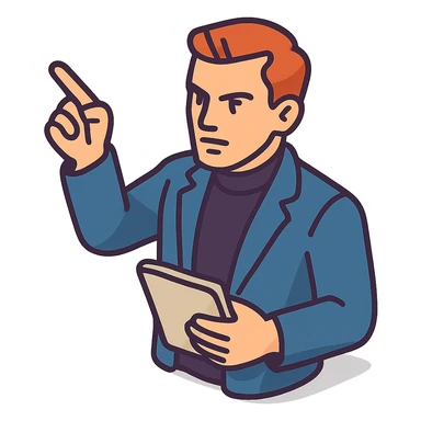 Bold and charismatic male leader, Caucasian, short auburn hair, sharp eyes, wearing indigo coat over black turtleneck, one arm raised giving direction, holding a tablet, waist-up sticker