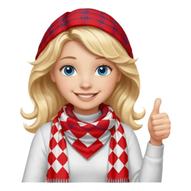 Blonde Girl Model, Blue Eyes, wavy hair, smiling, thumbs up, wearing red Checkered Triangle scarf, white dress sticker