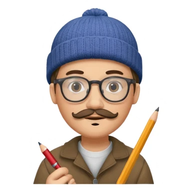 A creative young man with a pencil, glasses and a beanie. He holds a pen in his hand. He has a slight moustache and bit of a beard sticker