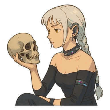 she is holding a skull, pondering as in shakespeare, a closeup portrait of young woman with gold yellow eyes, white hair, long braid, black off-shoulder top d-cup, punk gothic style, futuristic cyberwave cyberpunk, sitting position sticker