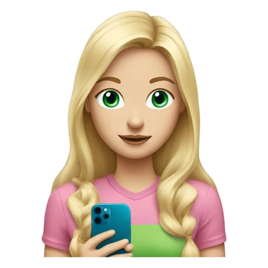 Long blond hair girl with blue eyes and pink shirt holding an iPhone 12 green sticker