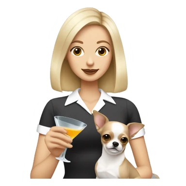 White girl with blonde and brown bob holding Grey long haired chihuahua drinking a martini sticker