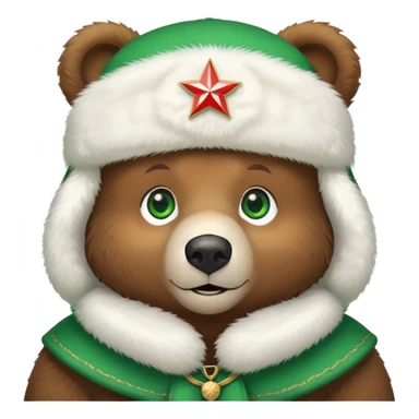 Cute brown bear with bright green eyes wearing a white fluffy Russian ushanka hat with clear Russian Federation emblem in the middle, iOS emoji style sticker