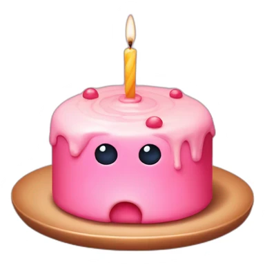 Pink small cake with candle, and two eyes in the glaze, two teeth crawling out from under the glaze sticker