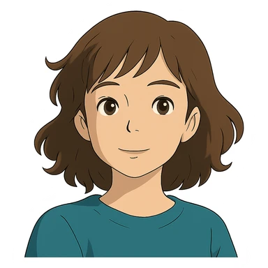 ghibli style portrait of an Asian girl with medium brown wavy hair and brown eyes sticker