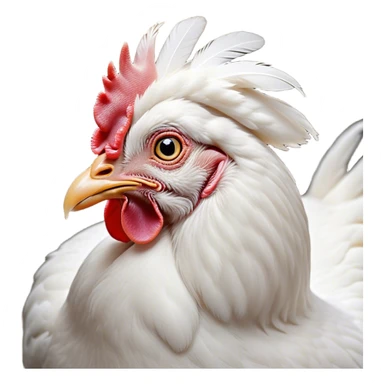 Cinematic Noble White Chicken Portrait Emoji, Poised and regal, with a compact, sturdy build and a pristine, well-groomed pure white plumage, deep-set soulful beady eyes, Simplified yet sharp and sophisticated features, highly detailed, glowing with a soft, dignified glow, high shine, intelligent and alert, stylized with an air of barnyard elegance, focused and attentive, soft glowing outline, capturing the essence of a watchful and confident fowl, so majestic it feels as though it could strut out of the screen with effortless authority! sticker