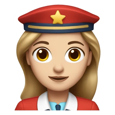 A white stewardess with long brown hair and brown eyes in a red uniform and a red beret sticker