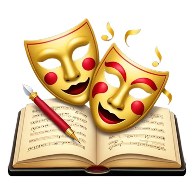 Create a bold and dramatic emoji representing the art of playwriting. The design should feature an open script or a theater playbook, with stylized text inside. Include elements like a theatrical comedy and tragedy masks, a stage spotlight, or a writting quill to symbolize creativity and performance. Use deep, contrasting colors like red, black, and gold to evoke the intensity and passion of drama. The overall design should feel dramatic, inspiring, and artistic. Make the background transparent. sticker