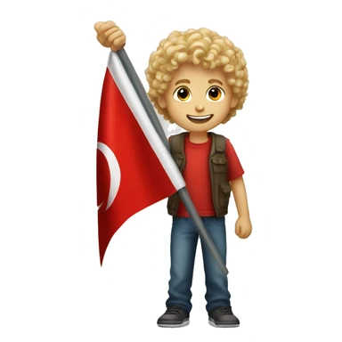Curly blond boy holding a Turkish flag sticker