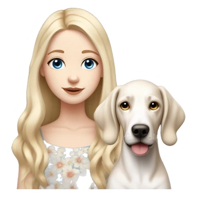 pale skin girl with blue eyes with long blonde hair that has a flower in her hair  holding a English pointer mixed with a lab dog the dog also has a flower in its hair sticker