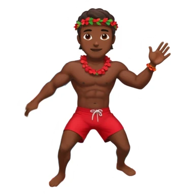 Dark muscular surfer in big wave wearing red shorts and head lei sticker