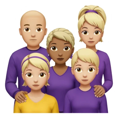 5 person team; 2 men and 3 women.  All dressed in yellow or purple.  1 caucasian woman with blonde mid length hair. 1 caucasian woman with blonde short length hair. 1 caucasian woman has ash blonde hair tied up. 1 man is African-american and bald, 1 man is caucasian and very little hair left.  
 sticker