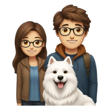 girl with half long brown hair, a boy with short brown hair and glasses, and a happy samoyed sticker