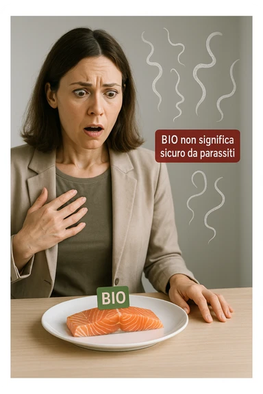 Donna tra i 30 e i 40 anni, seduta a tavola con espressione sorpresa e preoccupata mentre guarda un piatto elegante di salmone crudo etichettato 'BIO'. In trasparenza sopra il salmone si vedono parassiti intestinali stilizzati, come larve o vermi sottili, fluttuanti nell’aria. Accanto al piatto, una scritta fluttuante in stile etichetta rossa avverte: 'BIO non significa sicuro da parassiti'. Atmosfera visivamente pulita ma con tensione sottile, colori realistici con accento sul contrasto tra immagine 'salutare' e minaccia invisibile sticker