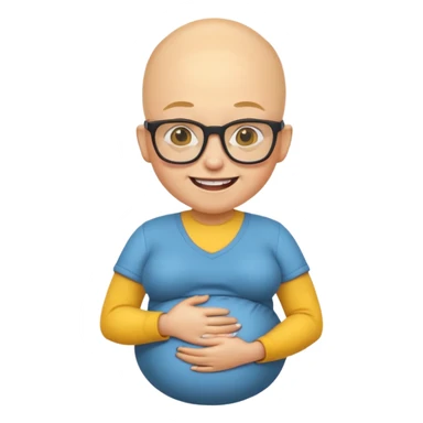 pregnant nerd emoji, yellow skin, buck teeth, bald, glasses, smiling, holding belly sticker