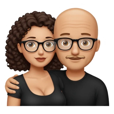 A picture of an embracing couple. the man is a Mexican man with tanned skin, with a bald hair cut, short beard and wearing a black shirt. the woman is wearing rectangle shaped glasses, with long curly dark brown hair and with big boobs  sticker
