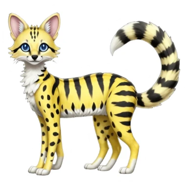 Lanky slender beautiful elegant spotted hype-realistic, black-maned, vibrant yellow Genet-Serval-Sergal-Margay-Fox-fusion-hybrid-furry-fursona, full body, with a long puffy fluffy black-and-white-striped tail, with natural blue eyes sticker