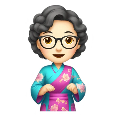 Chinese seniors lady wear glasses has wavy long hair wear Chinese traditional dress show appreciation sign sticker