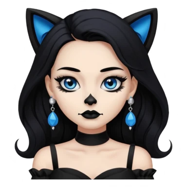 A girl with long black hair and blue eyes, black eyeshadow, black cat eye liner, mascara, and black lipstick,and black skull earrings. Also a black sexy dress   sticker