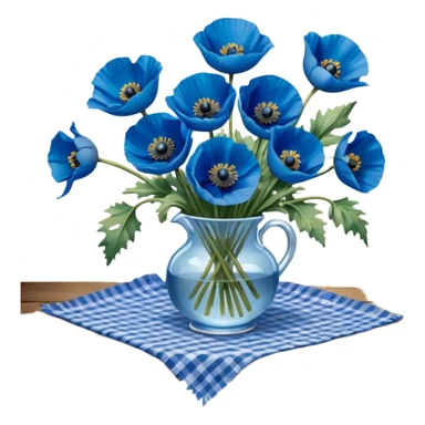 A lush bouquet of bright and bold blue poppies with a warm color ribbon, resting on an antique wooden table, with a pale blue plaid pattern table cloth, still life. 4k, dpi 300 sticker