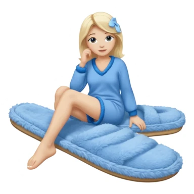 blonde woman wearing comfy lounging outfit, blue fuzzy slippers on her bare feet sticker