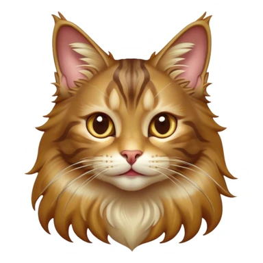 Cinematic Cute Maine Coon Cat Portrait Emoji, Head tilted playfully and inquisitively, sleek brown, gold, and cream tones, Simplified yet adorable features, highly detailed, glowing with a warm, friendly glow, high shine, curious and affectionate, stylized with a touch of whimsy, bright and alert, soft glowing outline, capturing the essence of a mischievous yet loving kitten, so endearing it feels like it could pounce out of the screen and play with its fluffy tail swishing! sticker